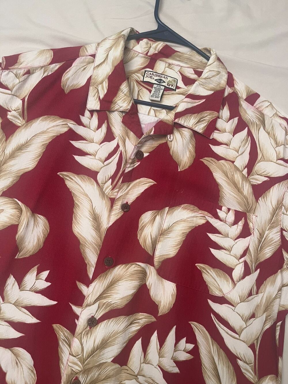 Caribbean Joe Hawaiian Shirt Mens 2X Red Tan Botanical Tropical Foliage Floral